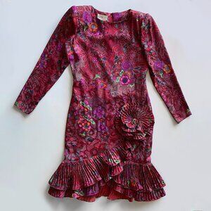 VTG 80's Raul Blanco 100% Silk Dress Sz 8 Floral Ruffle Hem Long Sleeve Midi